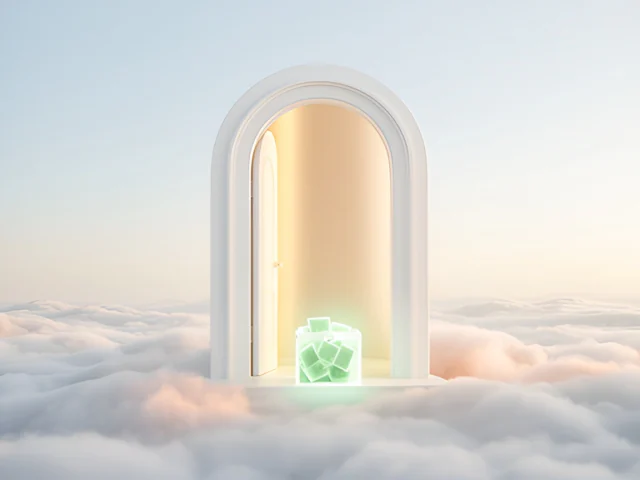 The glass box resting at an open doorway filled with warm light.