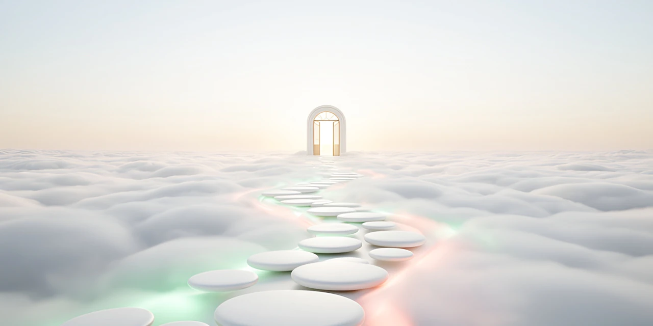 A path of stepping stones across the clouds, leading to an open doorway filled with warm light.