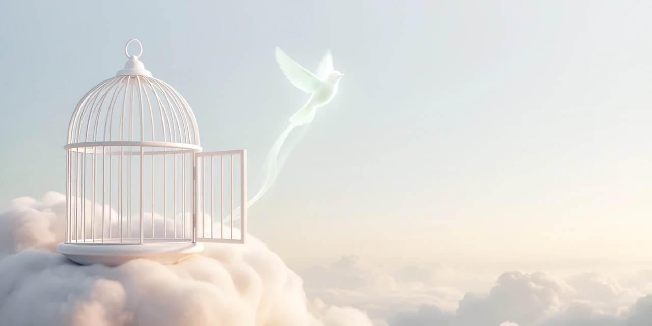An open porcelain birdcage resting on a cloud, as a bird made of soft light flies free.