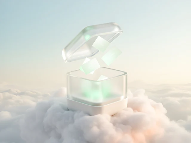 A frosted glass box on a cloud, with glowing cards drifting into it.