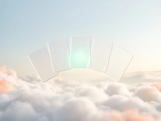 A fan of frosted glass cards floating above the clouds, one glowing brighter than the rest.